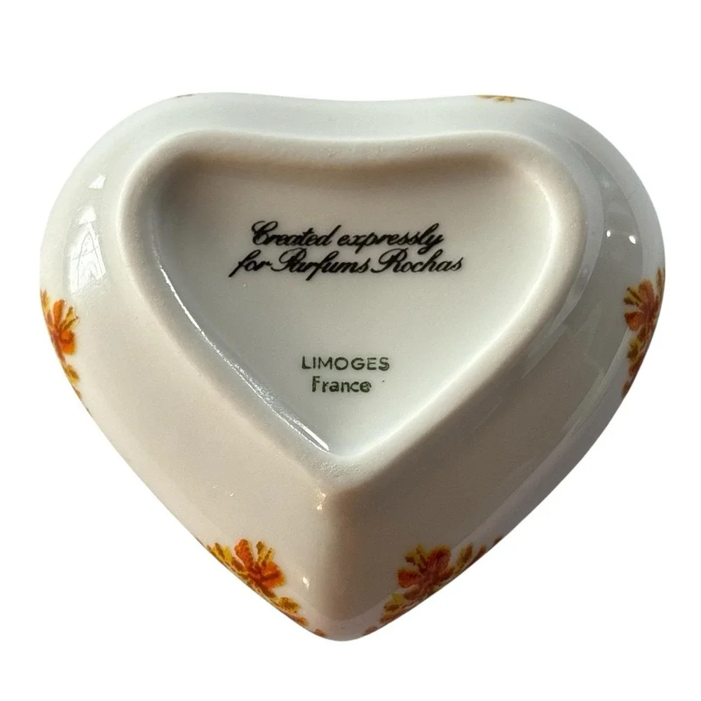 Limoges France Trinket Box Hand Painted Heart Shaped Floral Orange VTG Porcelain